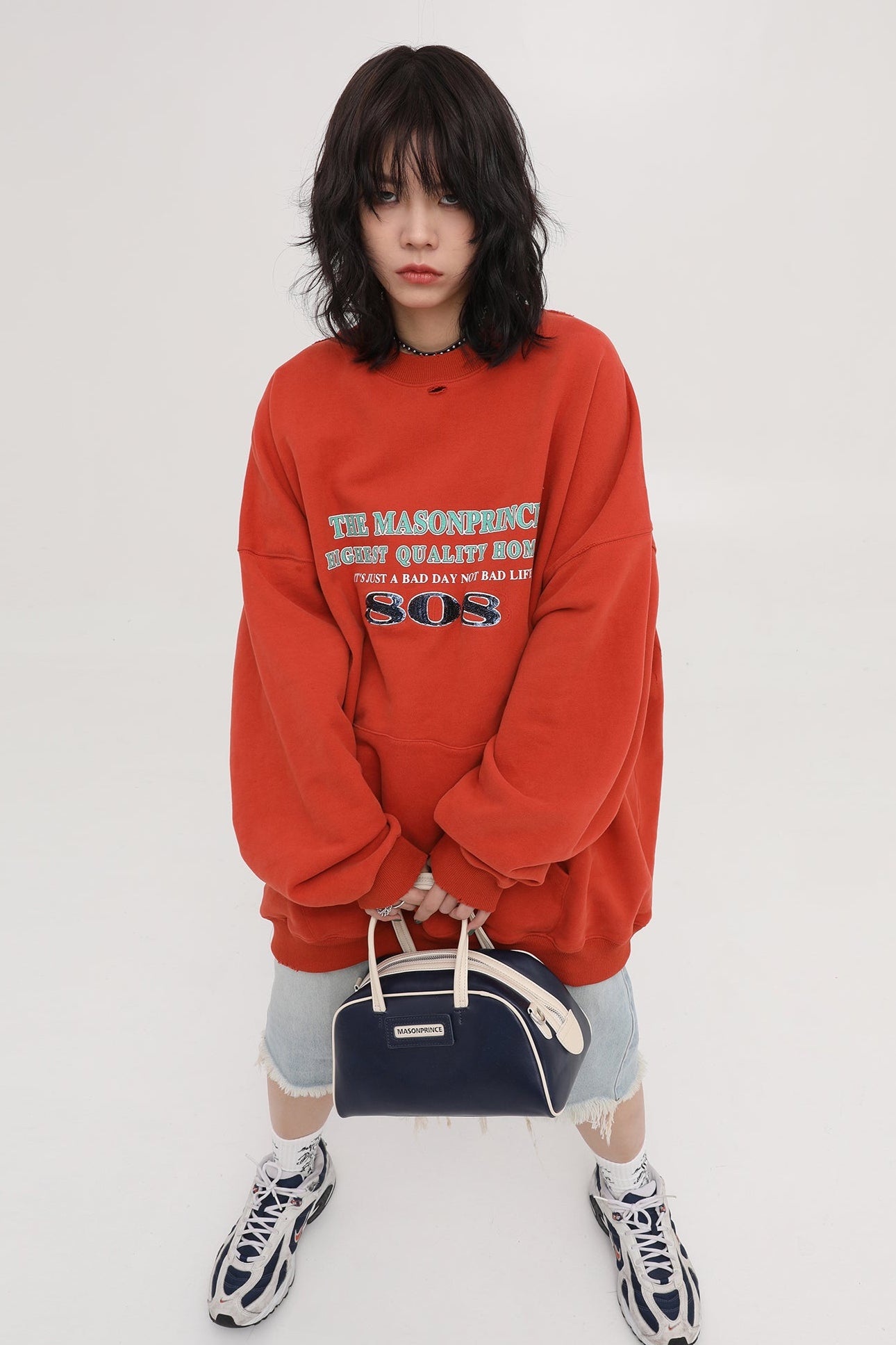Oversized kangaroo pocket distressed sweatshirt WY6098