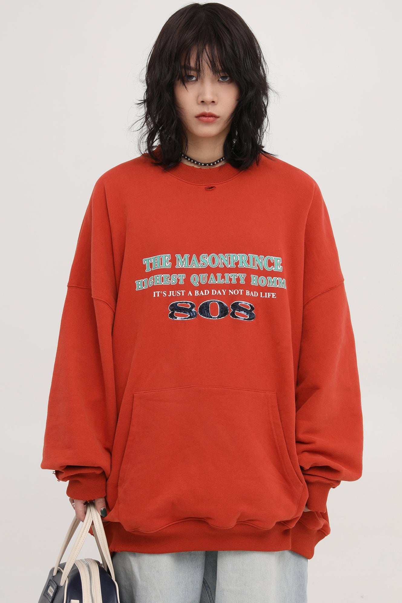 Oversized kangaroo pocket distressed sweatshirt WY6098