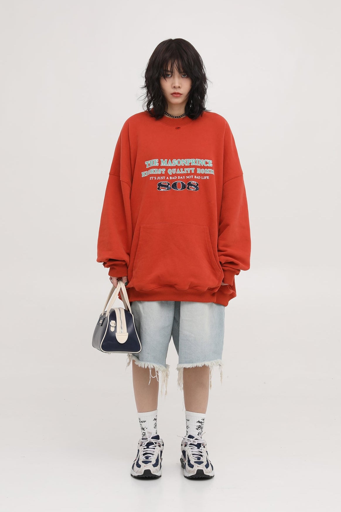 Oversized kangaroo pocket distressed sweatshirt WY6098