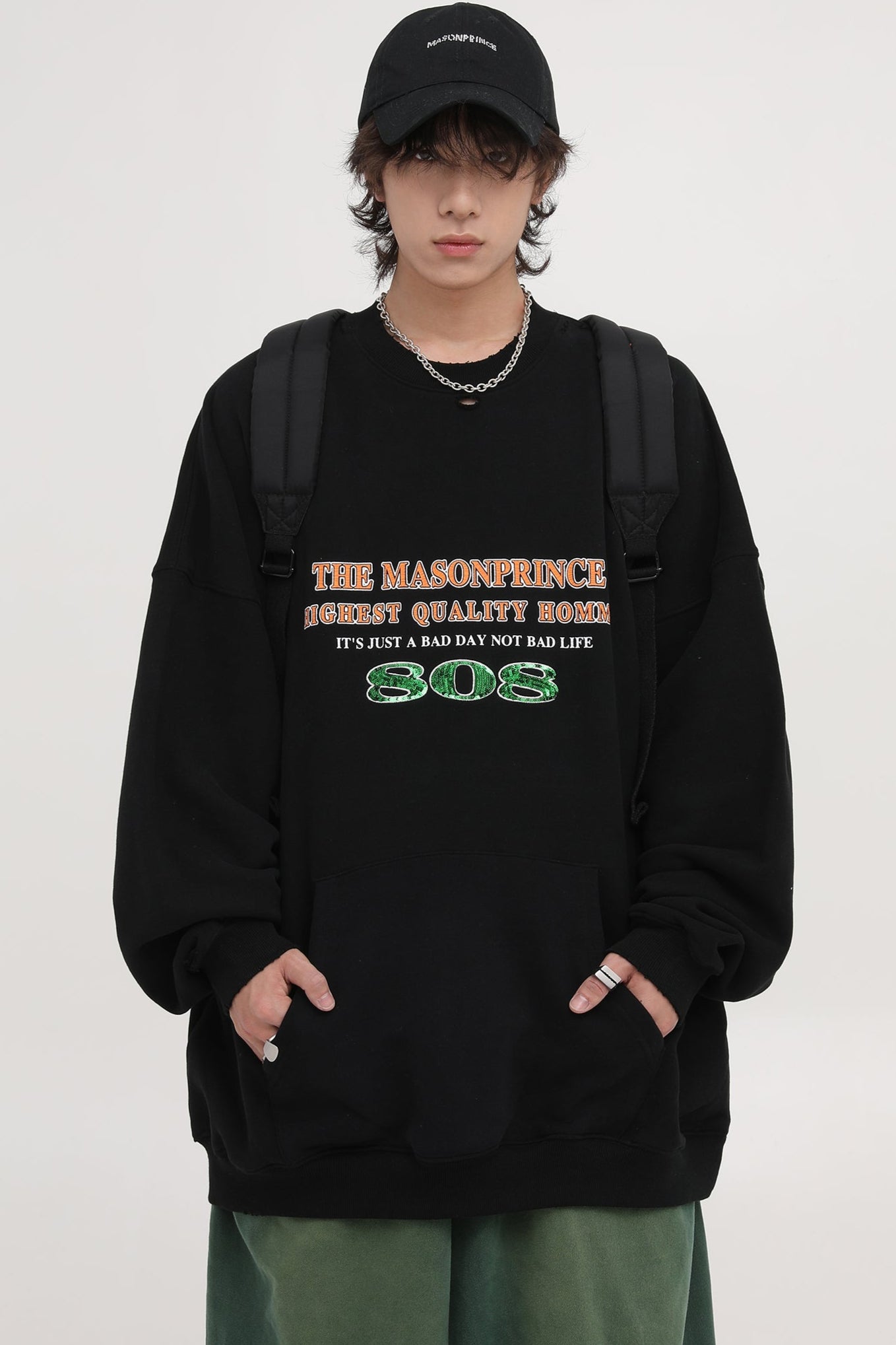 Oversized kangaroo pocket distressed sweatshirt WY6098