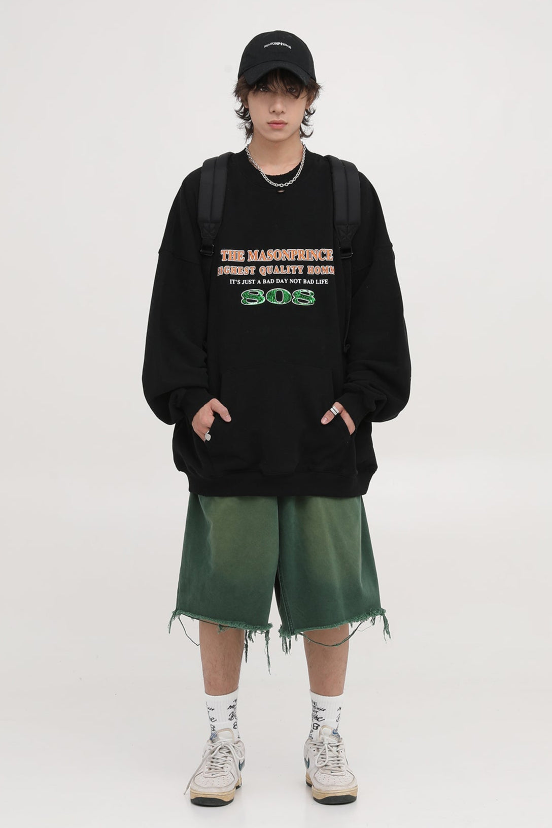 Oversized kangaroo pocket distressed sweatshirt WY6098