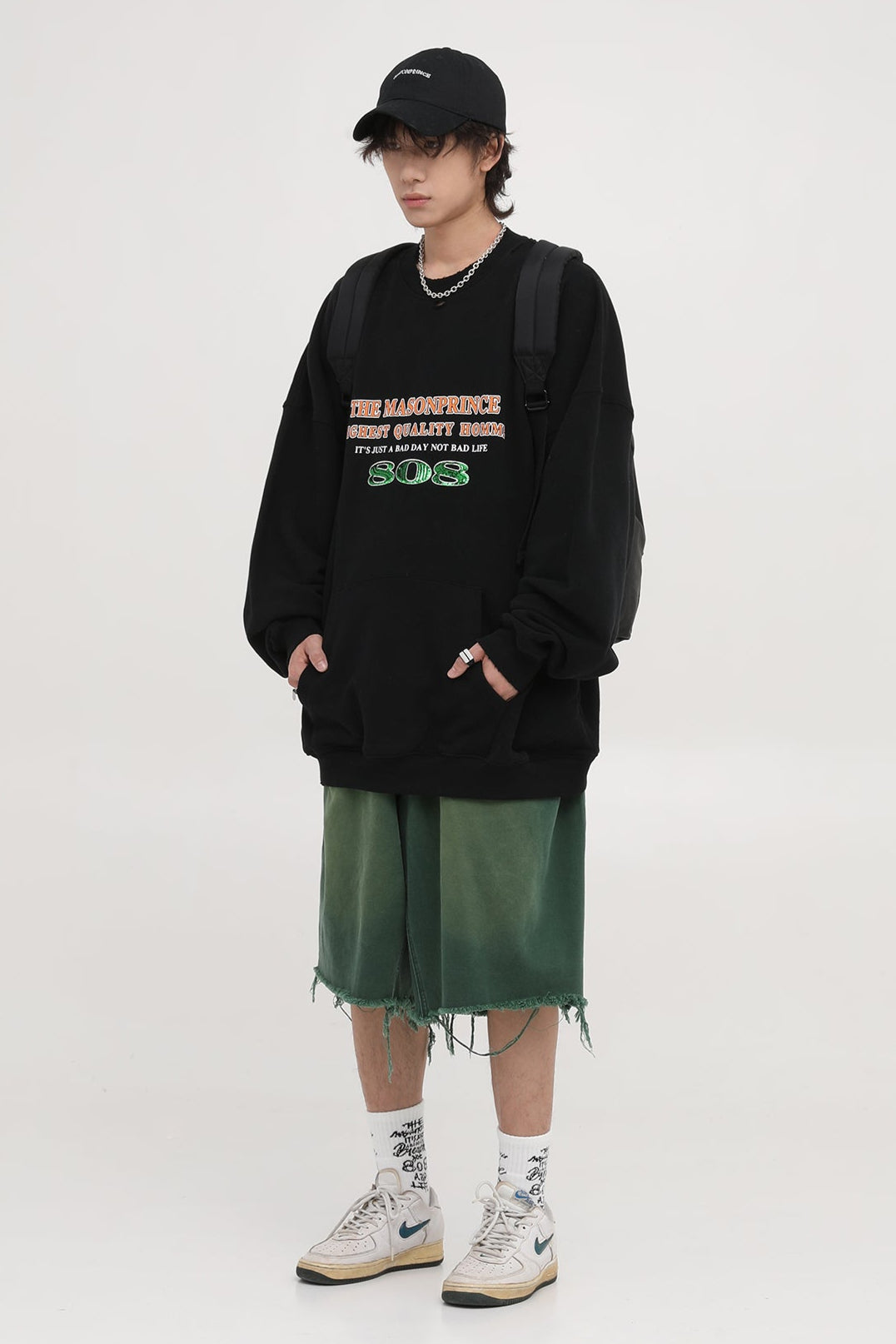 Oversized kangaroo pocket distressed sweatshirt WY6098