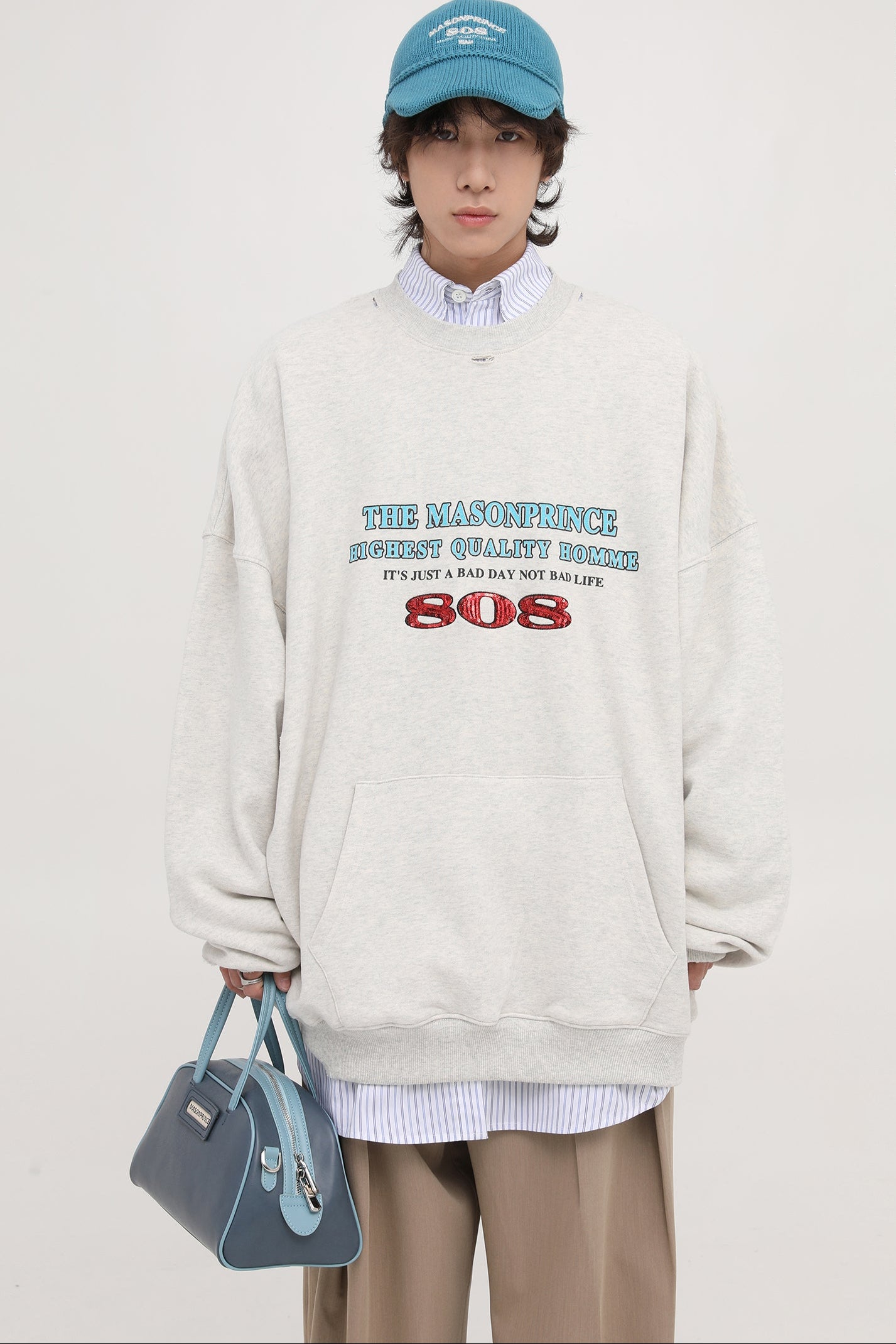 Oversized kangaroo pocket distressed sweatshirt WY6098