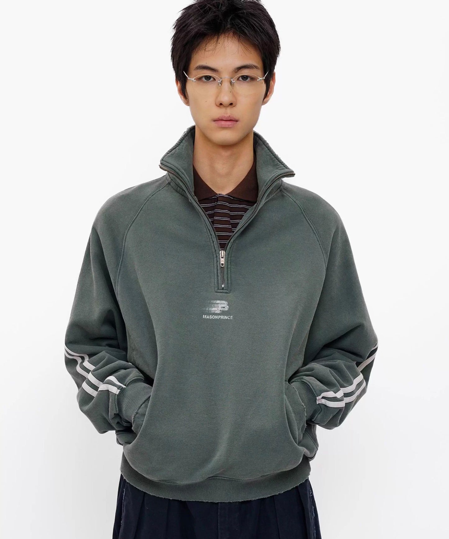オーバーサイズ ハーフZIP ライン柄 スウェット WY6411【MASONPRINCE】【2025AW】