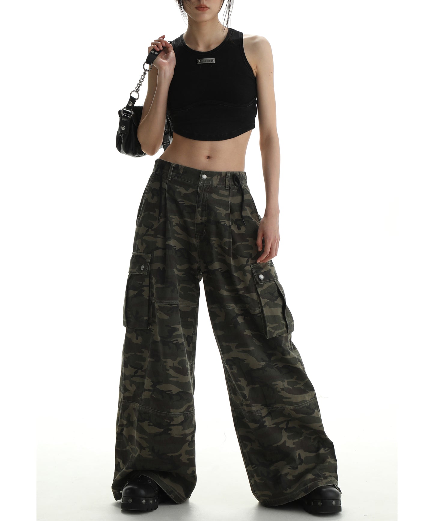 Wide silhouette camouflage military cargo pants XXK4206