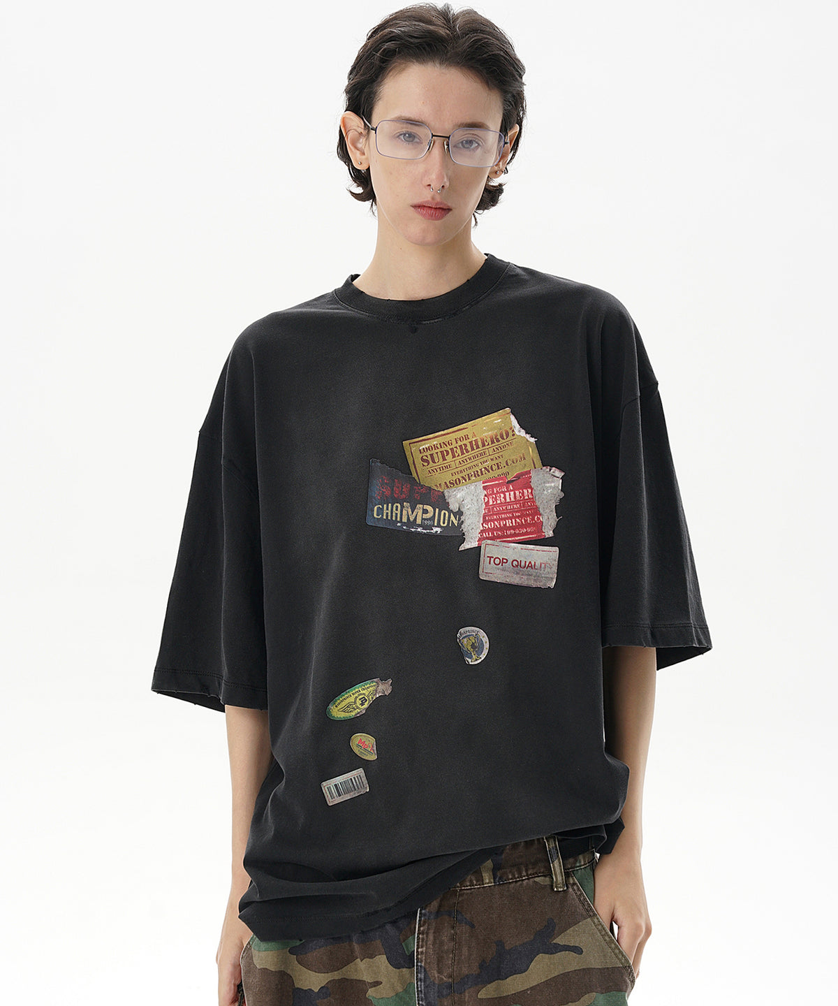 オーバーサイズ ダメージ加工 ステッカープリントTEE DT4295 
