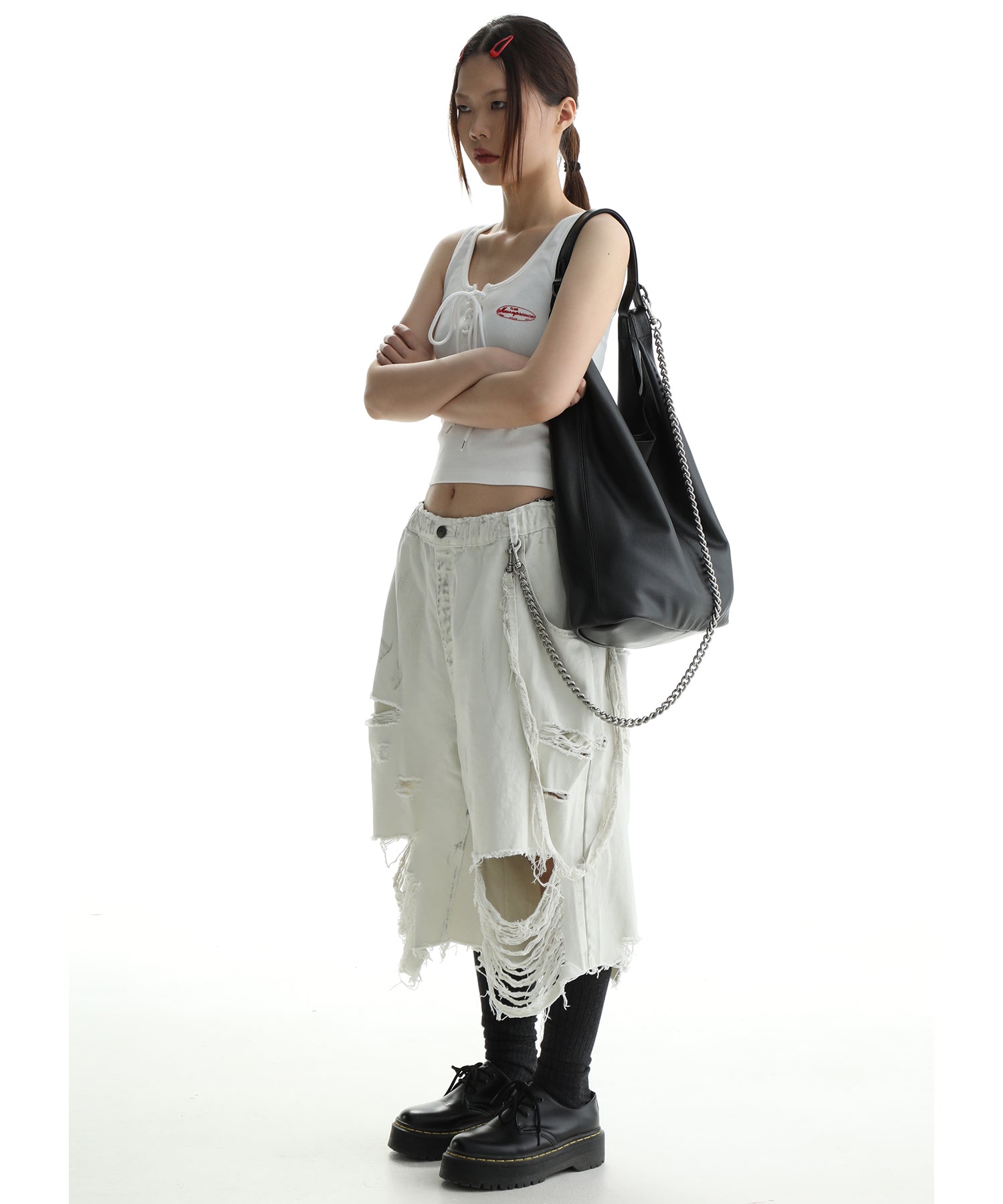 セール】ワイドシルエット ハードダメージ デニムハーフパンツ