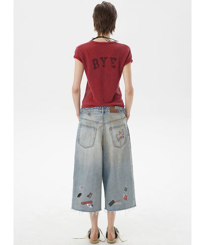 【SALE 30%OFF_特別価格適用※カートに入れるとセール価格が適用されます※】ルーズフィット ステッカープリント サイドベルト付き クロップドデニムパンツ NDK1987【MASONPRINCE】【2025SS】