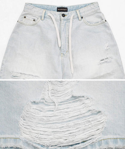 ルーズフィット ダメージ加工 クロップドデニムパンツ NDK1988【MASONPRINCE】【2025SS】