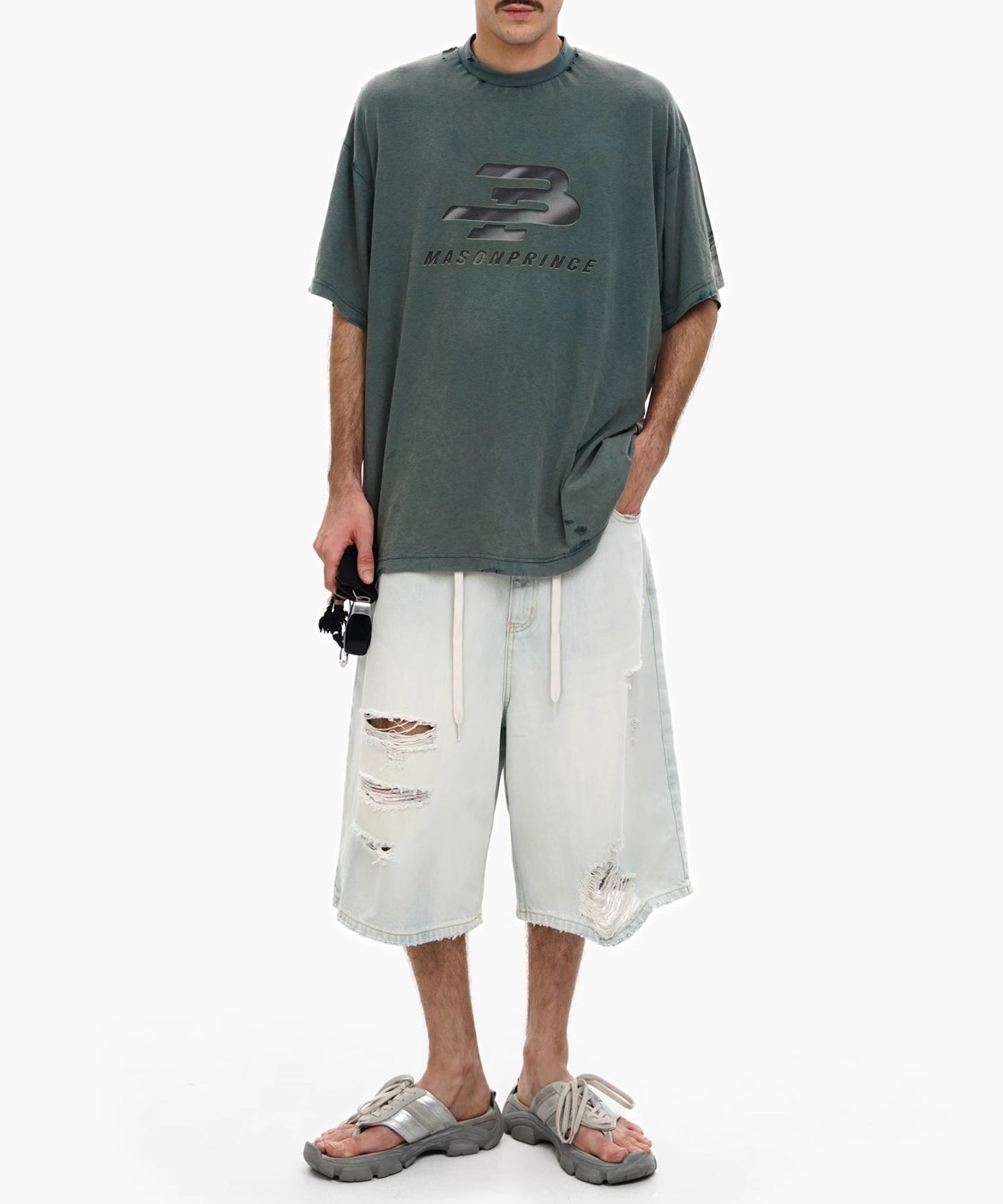 ルーズフィット ダメージ加工 クロップドデニムパンツ NDK1988【MASONPRINCE】【2025SS】