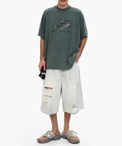ルーズフィット ダメージ加工 クロップドデニムパンツ NDK1988【MASONPRINCE】【2025SS】