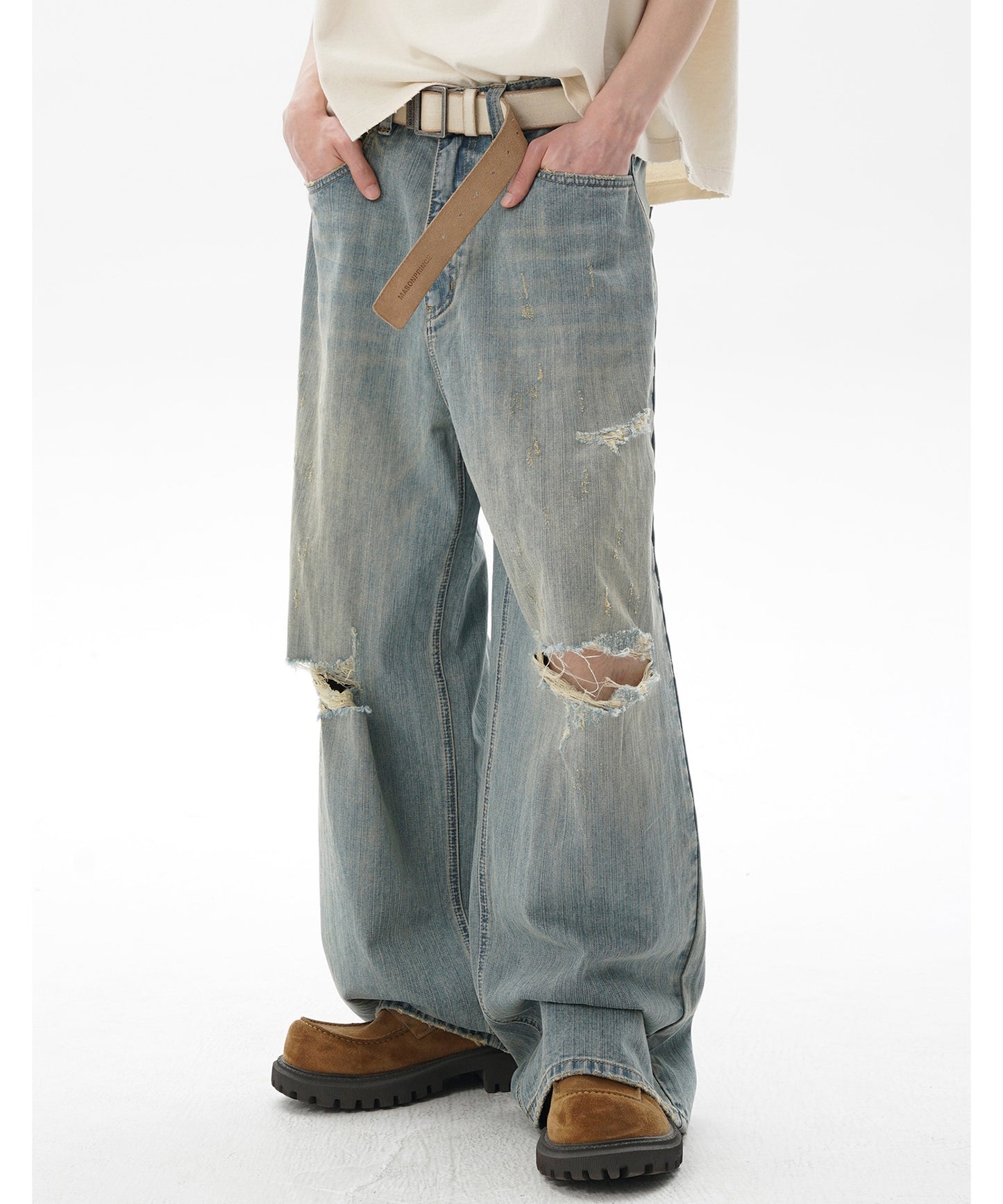 ルーズフィット レトロブルー ダメージ加工 デニムパンツ NZK6234【MASONPRINCE】【2025SS】
