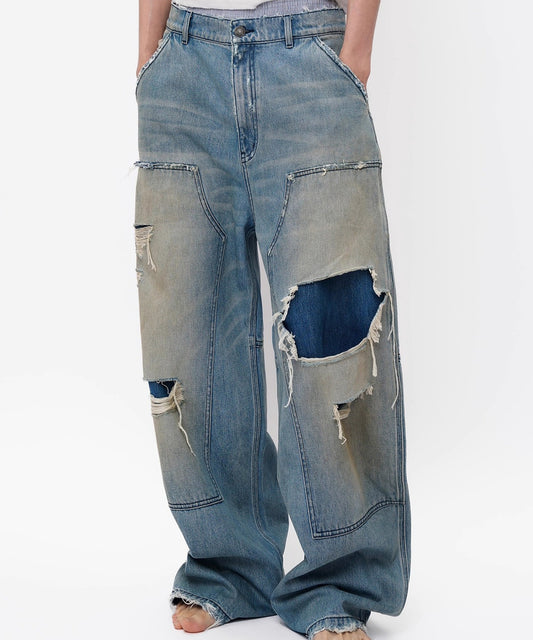 ルーズフィット ダブルニー ダメージ加工 デニムパンツ NZK6243【MASONPRINCE】【2025AW】