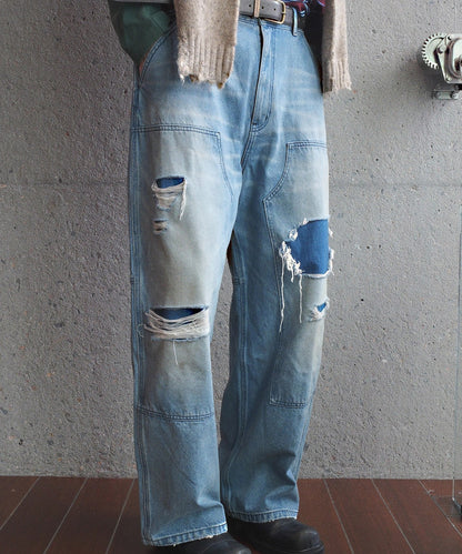 ルーズフィット ダブルニー ダメージ加工 デニムパンツ NZK6243【MASONPRINCE】【2025AW】