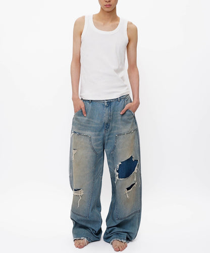 ルーズフィット ダブルニー ダメージ加工 デニムパンツ NZK6243【MASONPRINCE】【2025AW】