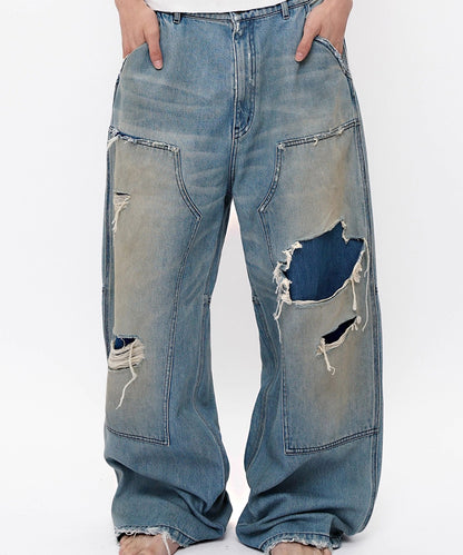 ルーズフィット ダブルニー ダメージ加工 デニムパンツ NZK6243【MASONPRINCE】【2025AW】