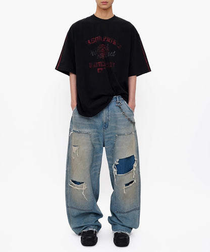 ルーズフィット ダブルニー ダメージ加工 デニムパンツ NZK6243【MASONPRINCE】【2025AW】