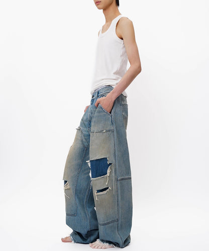 ルーズフィット ダブルニー ダメージ加工 デニムパンツ NZK6243【MASONPRINCE】【2025AW】